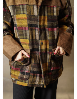 Vintage unisex μάλλινο καρό jacket με suede λεπτομέρεις M