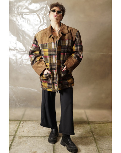 Vintage unisex μάλλινο καρό jacket με suede λεπτομέρεις M