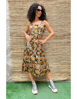 Vintage floral midi dress with golden details M