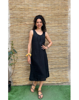 Vintage black linen dress midi Μ