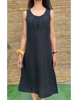 Vintage black linen dress midi Μ