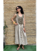 Vintage τυρολέζικο λινό φόρεμα με suede λεπτομέρειες maxi XL