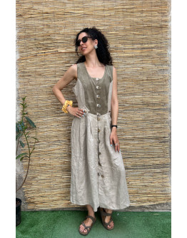 Vintage linen tyrol dress with suede details maxi XL