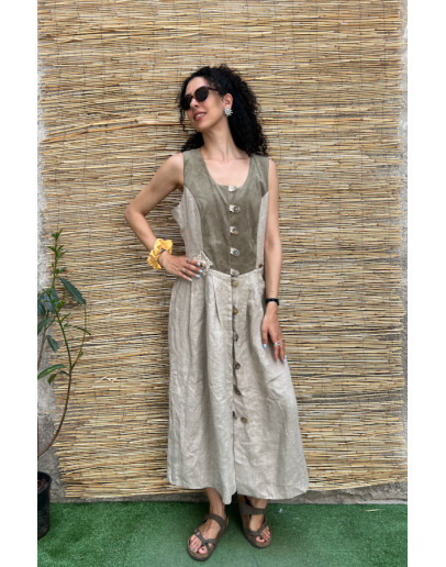 Vintage τυρολέζικο λινό φόρεμα με suede λεπτομέρειες maxi XL