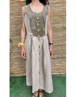 Vintage linen tyrol dress with suede details maxi XL