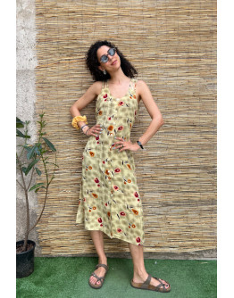 Vintage silk printed dress midi XL