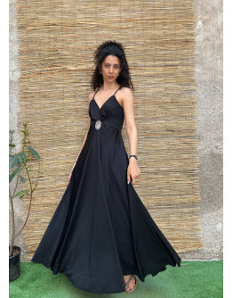 Vintage backless black dress with shiny embroidered details S