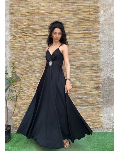 Vintage backless black dress with shiny embroidered details S