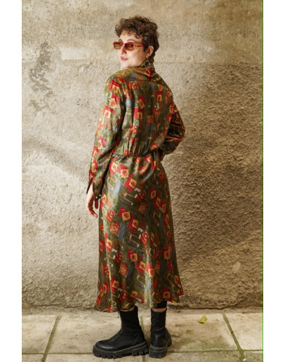 Vintage 80's silk printed dress midi ΧL