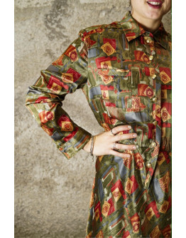 Vintage 80's silk printed dress midi ΧL