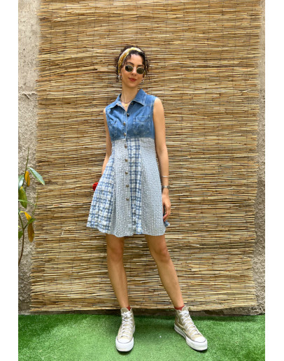 Vintage denim καρό φόρεμα mini Μ