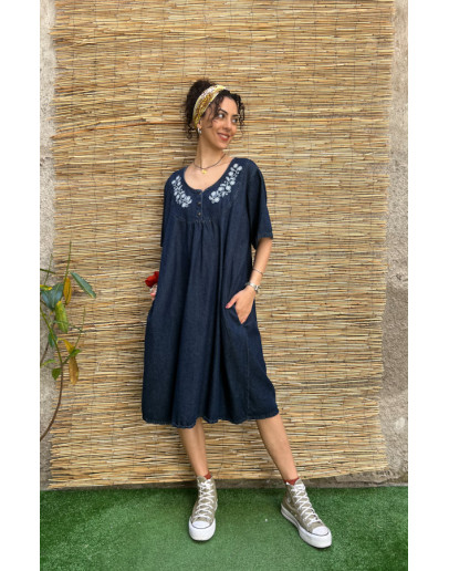 Vintage denim φόρεμα με κεντημένες λεπτομέρειες midi Oversized