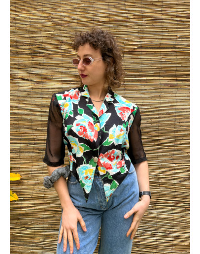 Vintage floral top with semi see through sleeves S-M