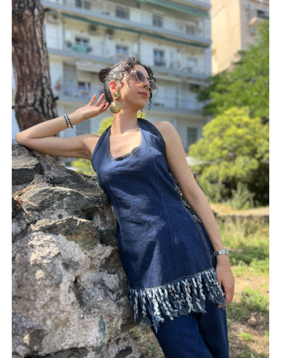 Vintage denim τοπ με κρόσσια Μ