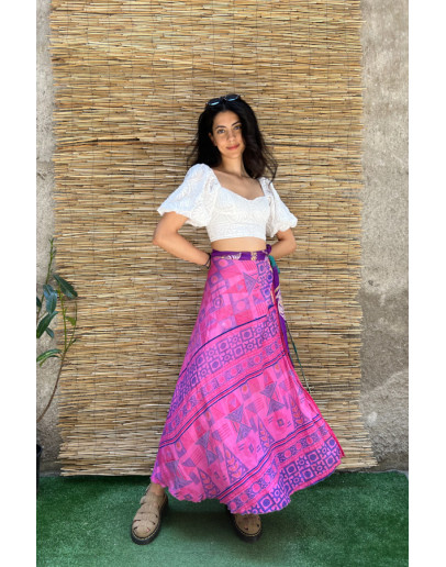 Silk printed double faced wrap skirt maxi 