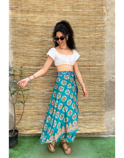 Silk printed double faced wrap skirt maxi 