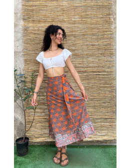 Silk printed double faced wrap skirt maxi 