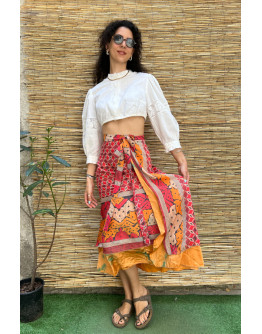Silk printed double faced wrap skirt maxi 