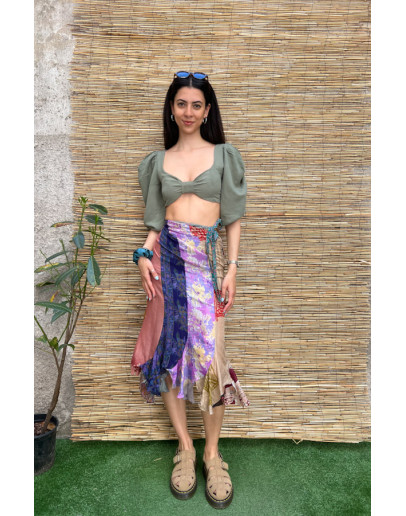 Vintage silk printed wrap skirt midi 