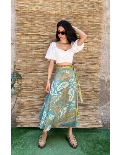 Silk printed double faced wrap skirt maxi 